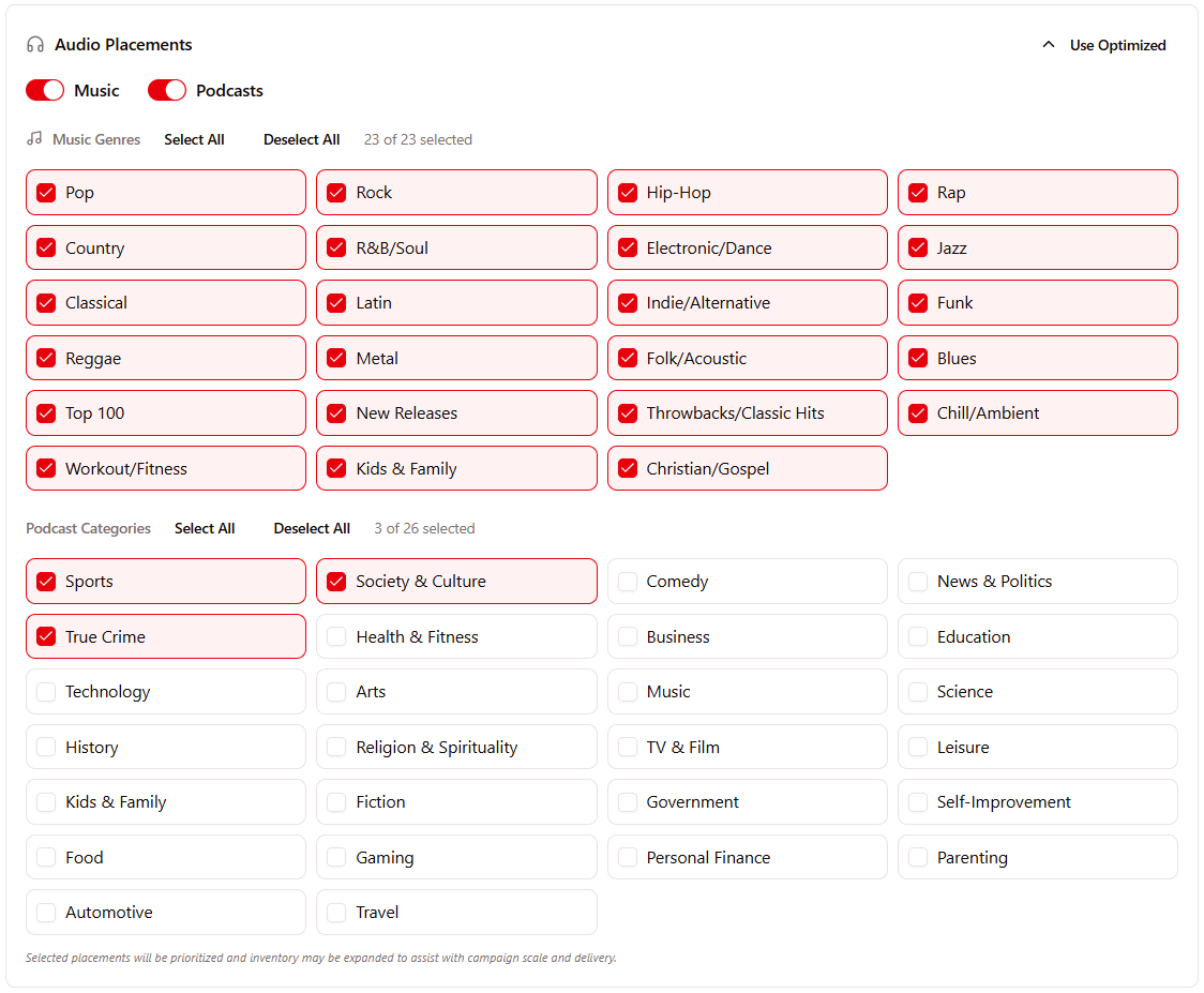 Audio placements selector inside the Manifold campaign wizard, with music genres and podcast categories and multi-select
